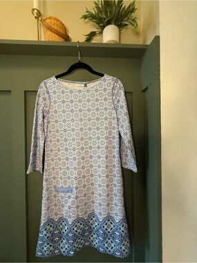 Cabana Life Blue and White Geometric Border Midi Dress